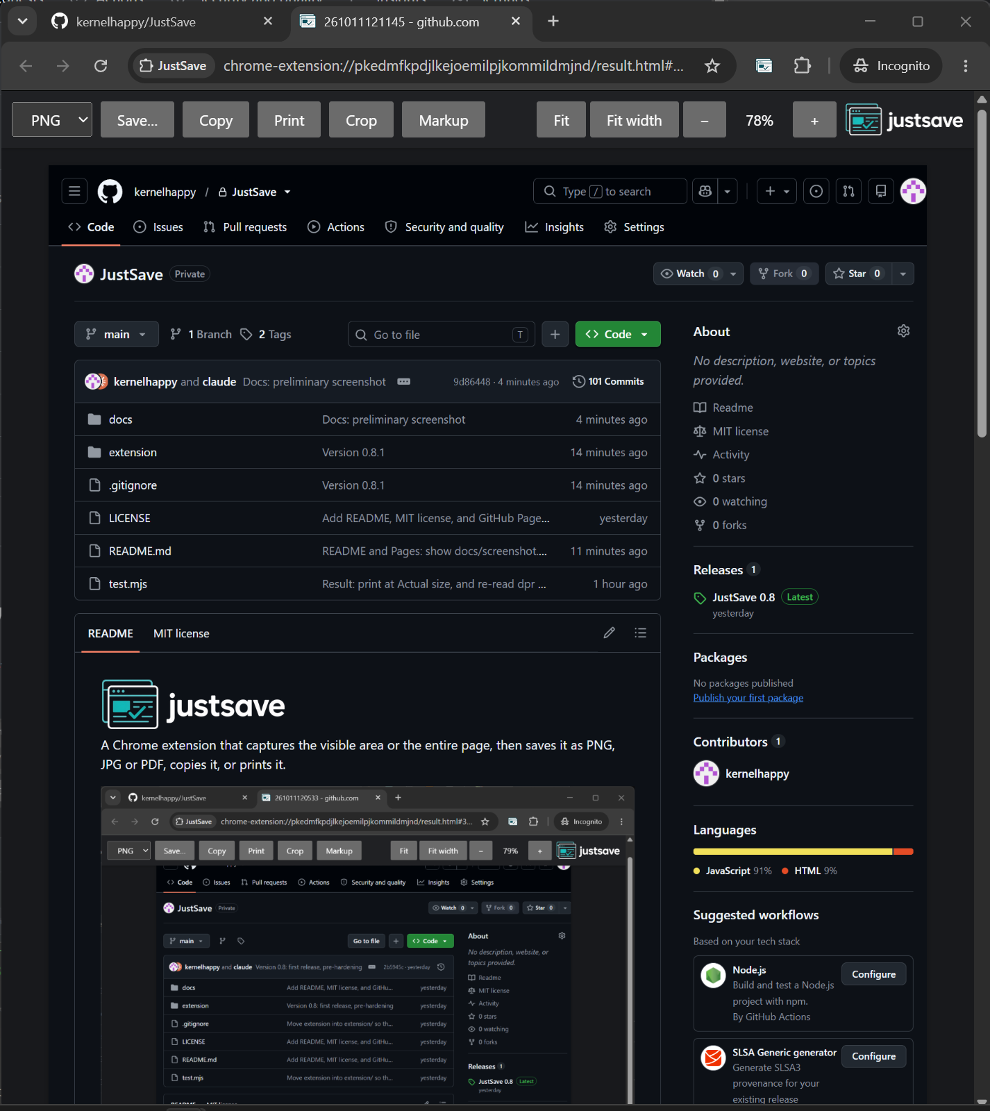 justSave's result tab showing a capture of its own home page